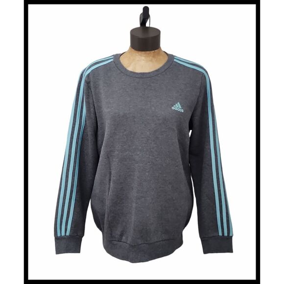 Adidas 3 Racing Stripes Crewneck Sweatshirt Shirt Top Gray Aqua Large - Picture 2 of 8